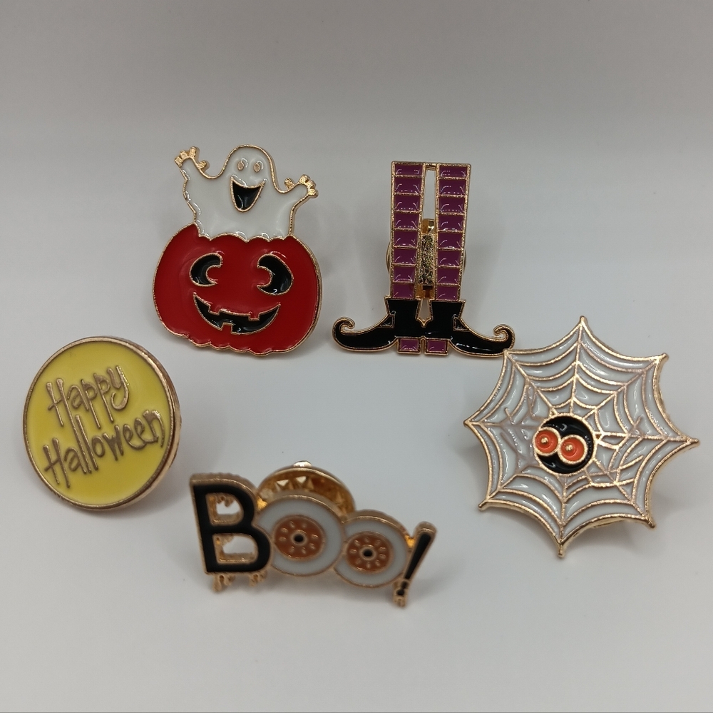 5 Halloween Theme Metal Enamel Pins, Pumpkin Spider Witch Boo Brooch Lot